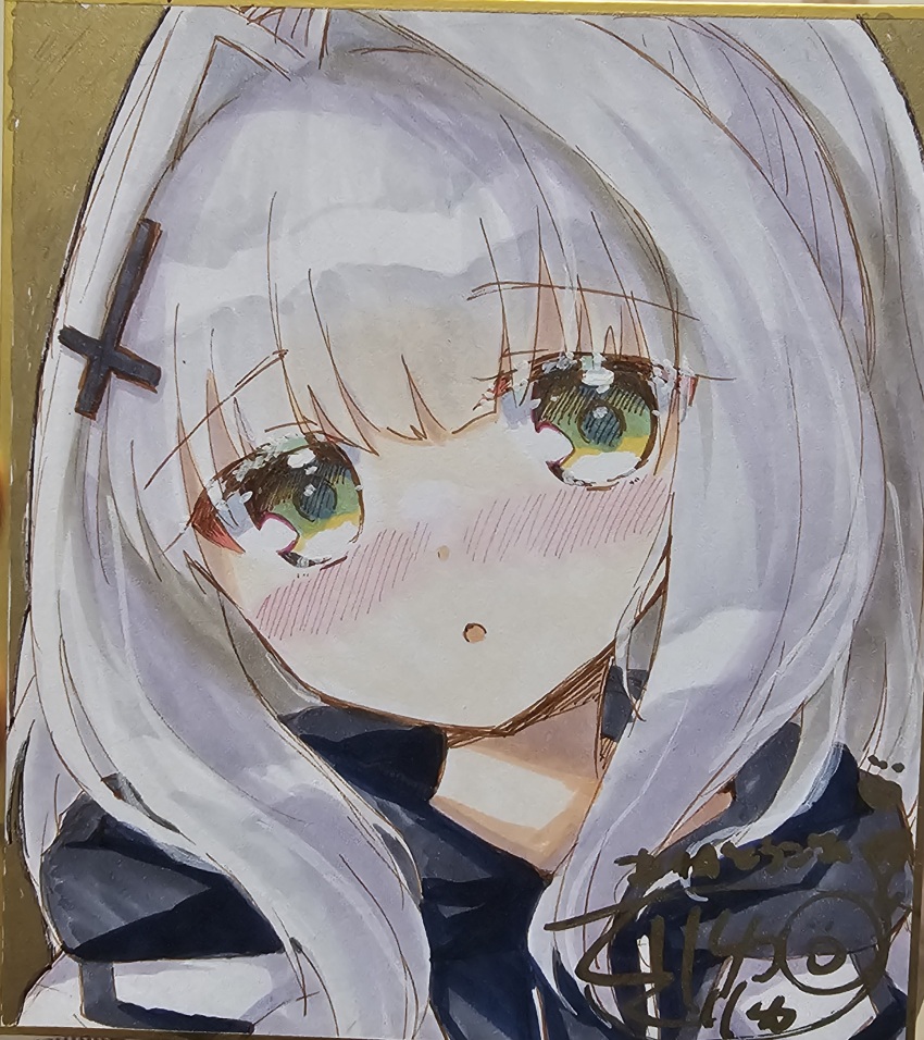 1girl :o black_hoodie blue_archive blush cross cross_hair_ornament drawstring green_eyes grey_hair hair_intakes hair_ornament hare_(blue_archive) highres hood hood_down hoodie jacket kuriyuzu_kuryuu latin_cross long_hair looking_at_viewer nose_blush parted_lips photo_(medium) shikishi signature solo traditional_media translation_request upper_body white_jacket