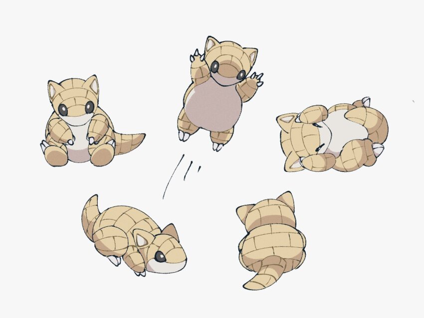 black_eyes bright_pupils claws closed_eyes full_body gen_1_pokemon highres jumping lying nintendo no_humans pokemon pokemon_(creature) sandshrew simple_background sitting sumi_fms tail white_background white_pupils