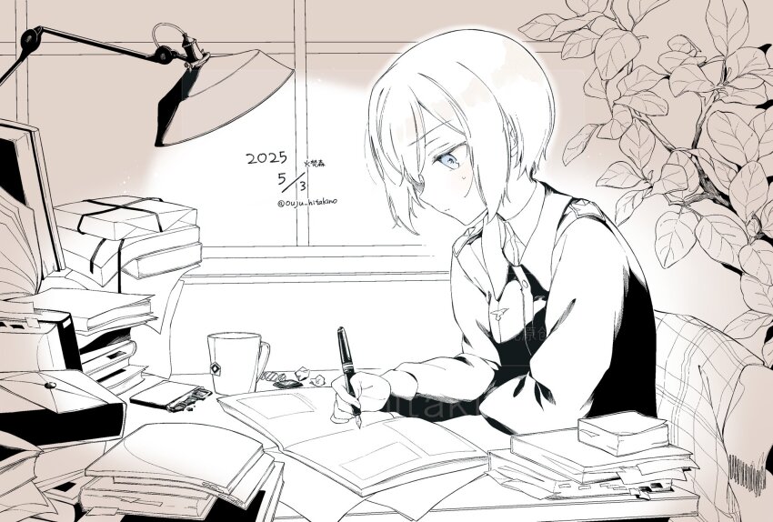 1girl book cup erica_hartmann highres holding indoors lamp letter military military_uniform monochrome paper pen plant saki_hajime short_hair sitting solo strike_witches tea window world_witches_series