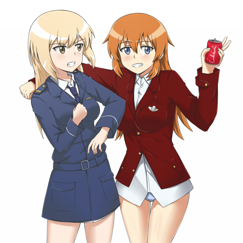 2girls blonde_hair can charlotte_e._yeager drink_can marian_e._carl multiple_girls noble_witches orange_hair soda_can strike_witches world_witches_series
