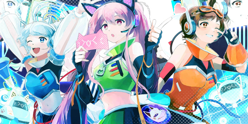 &gt;_&lt; 3girls alternate_costume alternate_hairstyle animal_ear_headphones animal_ears black_gloves black_skirt blue_eyes blue_hair brown_eyes brown_hair dress drone elbow_gloves eyewear_on_head fake_animal_ears fingerless_gloves fox_mask game_cg gloves green_skirt grin hata_no_kokoro headphones headset heart highres holding long_hair mask merlin_prismriver midriff multiple_girls navel official_art one_eye_closed open_mouth orange-framed_eyewear orange_dress pink_eyes pink_hair science_fiction skirt smile third-party_source touhou touhou_lostword tsukumo_yatsuhashi twintails uninosono very_long_hair