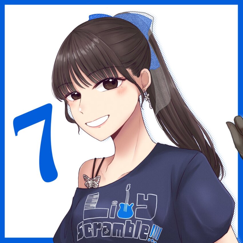 1girl actor actor_connection arm_at_side assault_lily black_gloves black_shirt blue_border blue_bow blush border bow breasts brown_eyes brown_hair butterfly_earrings clothes_writing commentary_request cosplay countdown earrings funada_kiito funada_kiito_(cosplay) gloves grin hair_bow halftone hand_up highres ishii_haruna jewelry long_hair looking_at_viewer medium_breasts mole mole_under_eye nigari_(ngari_0115) outside_border parted_lips ponytail real_life see-through_bow shirt short_sleeves simple_background single_bare_shoulder single_off_shoulder smile solo upper_body white_background