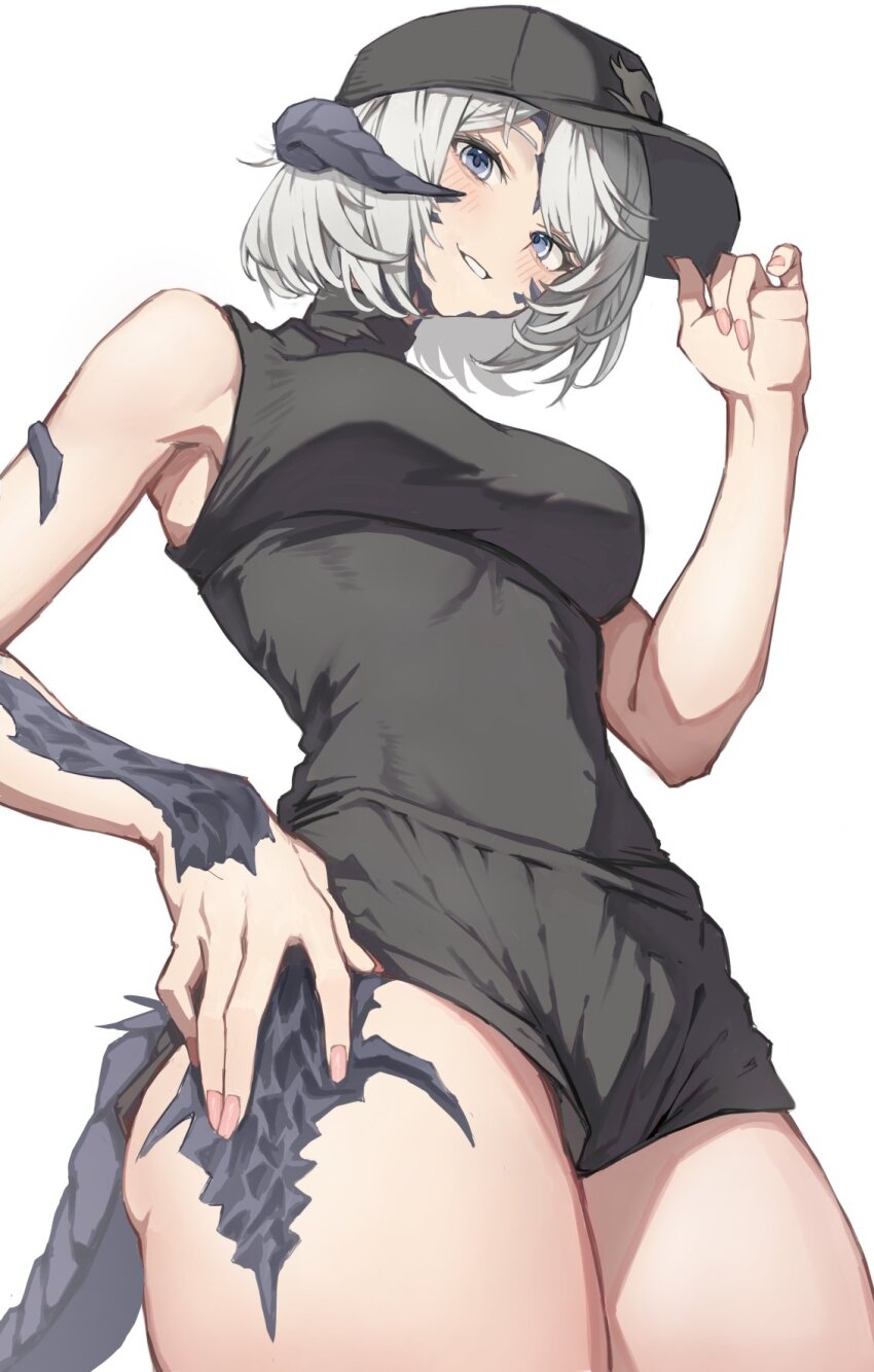 1girl au_ra bare_arms bare_shoulders baseball_cap black_hat black_shirt black_shorts blue_eyes dragon_girl dragon_horns dragon_tail final_fantasy final_fantasy_xiv hat highres horns looking_at_viewer scales shirt shorts sleeveless sleeveless_shirt solo tail torisanff14 warrior_of_light_(ff14) white_background white_hair