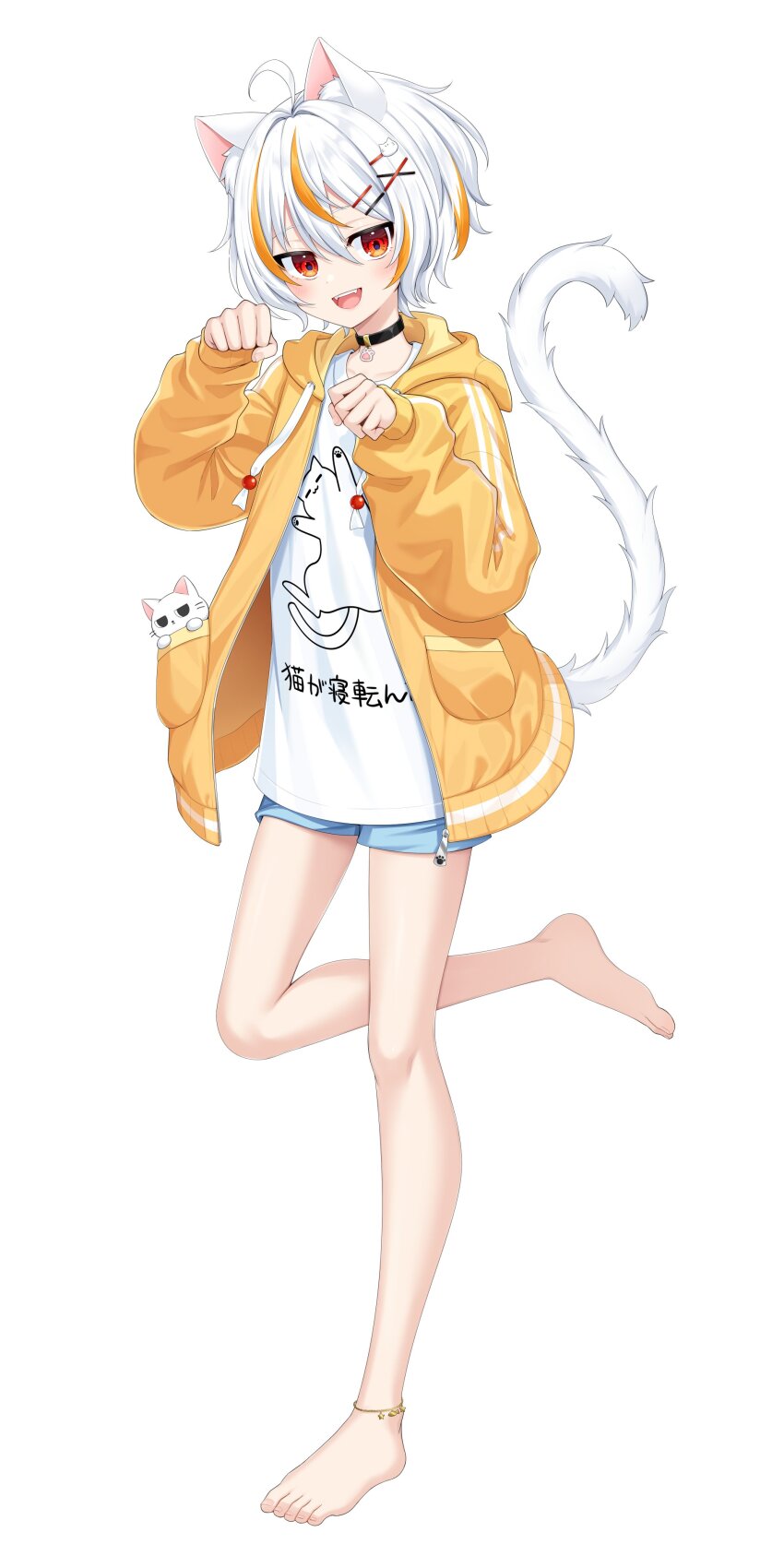 1boy :d absurdres alice_nova animal animal_ear_hood animal_ears animal_in_clothes animal_print anklet ayumi_(as0206) bare_legs barefoot black_choker blue_shorts cat cat_boy cat_ears cat_print cat_tail choker fake_animal_ears full_body highres hood hood_down hoodie in_pocket indie_virtual_youtuber jewelry long_sleeves looking_at_viewer multicolored_hair open_clothes open_hoodie open_mouth orange_hair orange_hoodie paw_pose red_eyes second-party_source shirt short_hair short_shorts shorts smile standing standing_on_one_leg streaked_hair tail trap two-tone_hair virtual_youtuber white_cat white_hair white_shirt