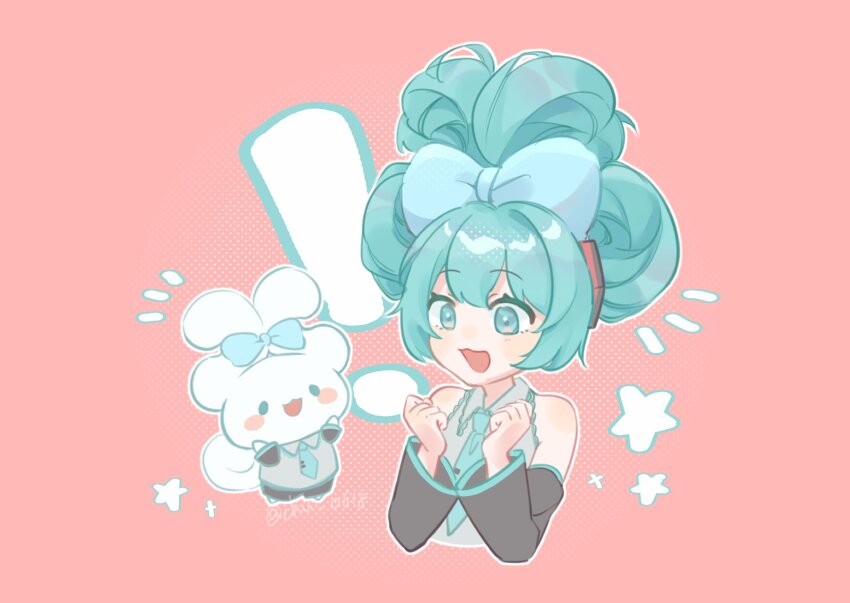 ! 1girl aqua_eyes aqua_hair aqua_necktie bare_shoulders black_sleeves blue_bow blue_bowtie blush_stickers bow bowtie chu_0618 cinnamiku cinnamoroll cosplay creature detached_sleeves fuwa_fuwa_cinnamoroll hatsune_miku hatsune_miku_(cosplay) highres necktie notice_lines pink_background sanrio sidelocks simple_background smile star_(symbol) vocaloid