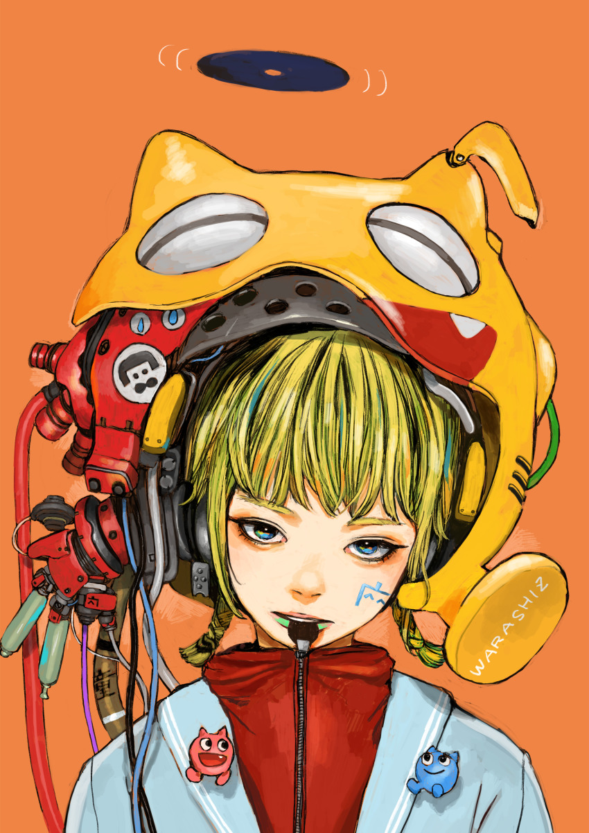 1girl absurdres artist_name blonde_hair blue_eyes braid cable facial_mark green_lips helmet high_collar highres jacket junjunforever lipstick looking_at_viewer machinery makeup mouth_hold multicolored_eyes orange_background original short_hair solo twin_braids wire zipper