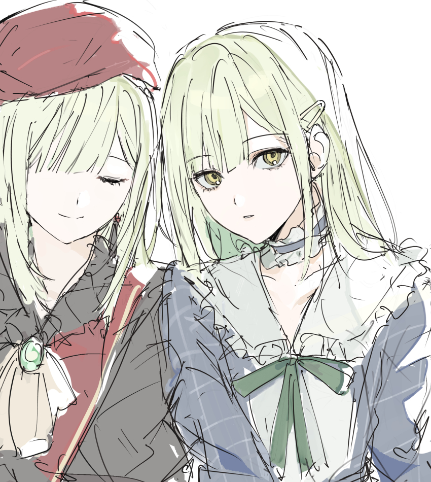 2girls ascot bang_dream! bang_dream!_it&#039;s_mygo!!!!! beret blue_choker chibiya1010 choker closed_mouth commentary_request dual_persona frilled_choker frills green_hair green_ribbon hair_ornament hair_over_one_eye hairclip half-closed_eyes hat highres korean_commentary long_hair mortis_(bang_dream!) mortis_(costume)_(bang_dream!) mortis_(persona)_(bang_dream!) multiple_girls neck_ribbon parted_lips red_hat ribbon wakaba_mutsumi white_ascot
