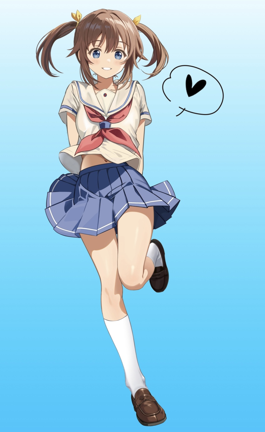 1girl absurdres ankle_socks arms_behind_back blue_eyes breasts brown_hair gradient_background high_school_fleet highres long_hair medium_breasts midriff midriff_peek misaki_akeno navel navel_peek pleated_skirt sailor_collar school_uniform serafuku shoes sidelocks skirt socks standing standing_on_one_leg thigh_gap twintails twintails_day zaofeng