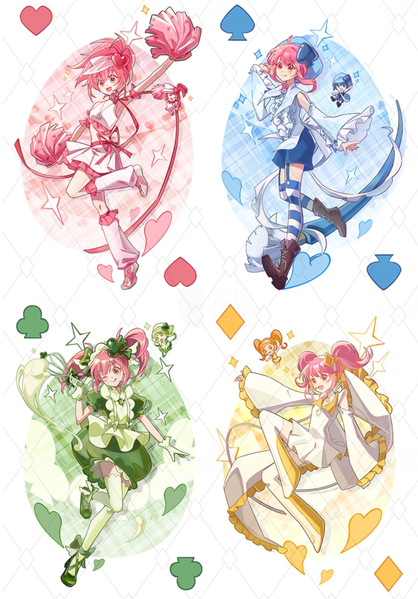 6+girls ;q amulet_clover amulet_dia amulet_heart amulet_spade apron arm_up bare_shoulders batter beret blue_capelet blue_eyes blue_hair blue_hat blue_shirt blue_shorts blue_sleeves blue_theme boots bow brown_boots brown_eyes brown_hair bubble_skirt capelet center_frills cheerleader chen_quming_hao_nan closed_mouth clothing_cutout club_(shape) coattails collared_capelet crop_top cross-laced_shoes detached_sleeves dia_(shugo_chara!) diamond_(shape) diamond_hair_ornament dot_nose dress egg floating floating_clothes footwear_bow frilled_apron frilled_leg_warmers frilled_shirt frilled_skirt frilled_sleeves frills gloves green_apron green_bow green_dress green_eyes green_gloves green_hair green_shoes green_theme hair_between_eyes hair_bow hairband hand_in_own_hair hat hat_ornament headset heart heart_hat_ornament high_heels high_ponytail highres hinamori_amu holding holding_pom_poms holding_whisk humpty_lock_(shugo_chara!) idol lace-up_boots leg_warmers light_blush long_hair long_sleeves looking_at_viewer magical_girl maid maid_headdress miki_(shugo_chara!) mini_person minigirl miniskirt multicolored_shoes multiple_girls neck_ribbon one_eye_closed open_mouth orange_eyes outstretched_arm pink_hair pink_hat pink_leg_warmers pink_shirt pink_shoes pink_skirt pink_sleeves pleated_dress pleated_skirt pom_pom_(cheerleading) pom_poms ponytail puffy_short_sleeves puffy_sleeves pumps ran_(shugo_chara!) red_ribbon ribbed_thighhighs ribbon shirt shoes short_dress short_hair short_hair_with_long_locks short_sleeves short_twintails shorts shoulder_cutout shugo_chara! sitting skirt sleeveless sleeveless_shirt sleeves_past_wrists smile sneakers spade_(shape) spade_hat_ornament sparkle striped_clothes striped_thighhighs suu_(shugo_chara!) tareme thigh_boots thighhighs tongue tongue_out twintails two-tone_shoes two-tone_thighhighs v-neck visor_cap waist_bow waist_ribbon watermark watermark_grid whisk white_background white_boots white_dress white_hairband white_shoes white_thighhighs wide_sleeves