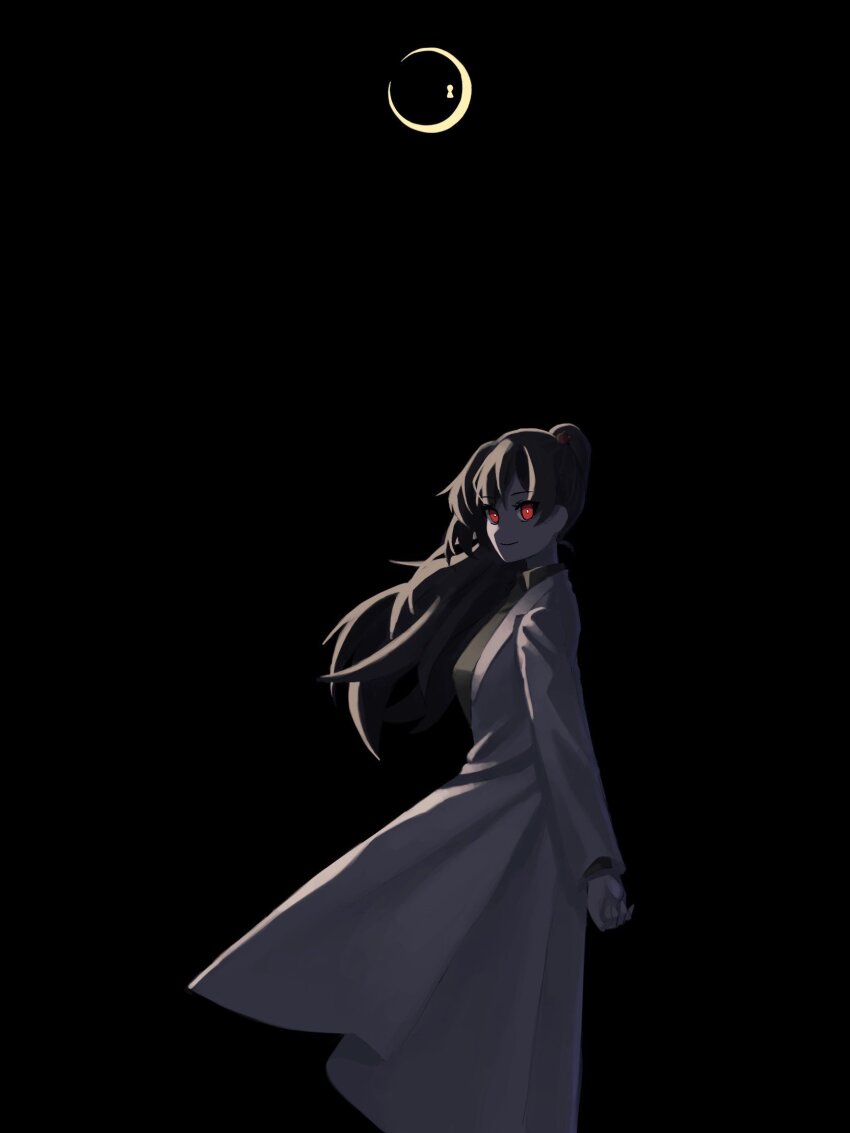 1girl black_background breasts brown_hair carmen_(project_moon) closed_mouth coat cowboy_shot crescent green_shirt high_ponytail highres keyhole kitaku_(ienikaeru) lab_coat large_breasts lobotomy_corporation long_hair long_sleeves looking_at_viewer ponytail project_moon red_eyes shirt simple_background smile solo white_coat