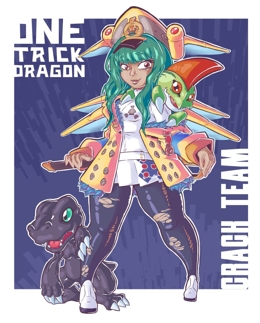 1girl absurdres aegisdramon agumon_(black) claws digimon green_eyes hat highres modokibetamon personification sharp_teeth teeth