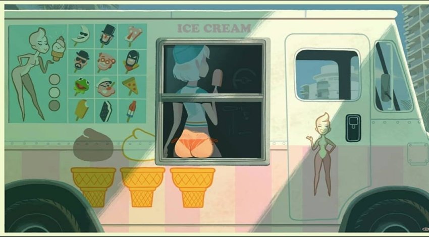 1girl abraham_lincoln ass bikini bikini_bottom_only blue_hat blue_sky breaking_bad character_request day dimples_of_venus english_text food food_truck franken_berry from_behind glen_brogan hat holding ice_cream kermit_the_frog mac_tonight mcdonald&#039;s moon_man muppets no_pants original outdoors pink_panther pizza popeye popeye_the_sailor popsicle real_life red_bikini shirt short_hair short_sleeves sitting sky solo space_ghost space_ghost_(series) swimsuit the_pink_panther the_pink_panther_(character) walter_white white_hair white_shirt window