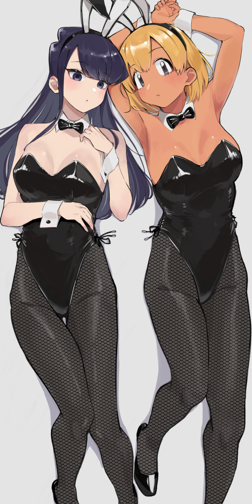 2girls absurdres animal_ears armpits arms_up ayatak0517 black_eyes black_hair black_leotard blonde_hair bow bowtie breasts cleavage commentary dark_skin detached_collar fake_animal_ears fishnet_pantyhose fishnets gyaru highres komi-san_wa_komyushou_desu komi_shouko large_breasts leotard long_hair looking_at_viewer manbagi_rumiko multiple_girls pantyhose playboy_bunny rabbit_ears short_hair strapless strapless_leotard tan wrist_cuffs