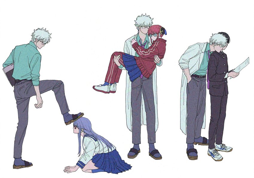 absurdres black_hair coat gakuran gintama glasses green_shirt highres kagura_(gintama) lab_coat long_hair necktie open_clothes open_coat purple_hair red_hair round_eyewear sailor_collar sakata_gintoki sarutobi_ayame school school_uniform shimura_shinpachi shirt short_hair teacher teacher_and_student tmrmq white_background white_coat white_hair