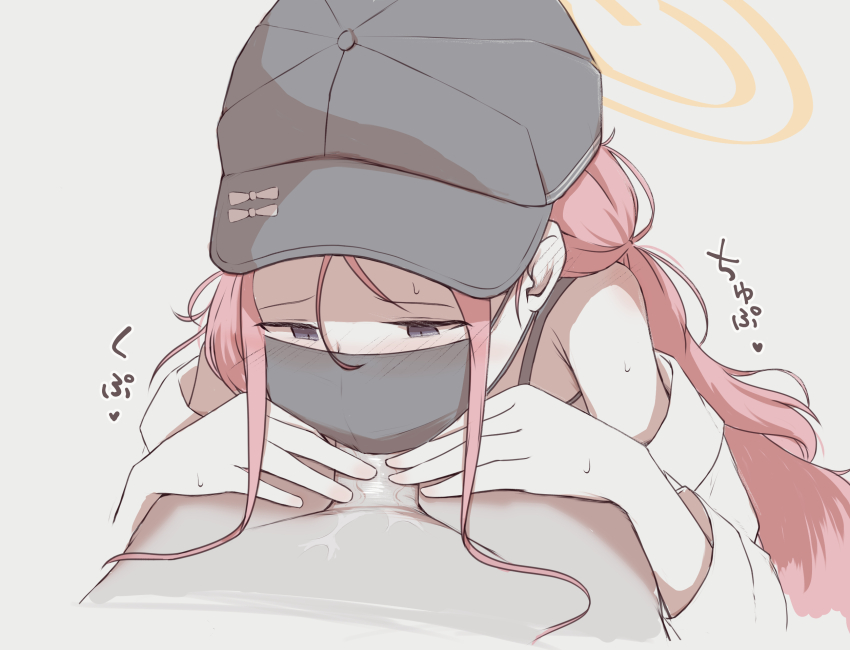 1boy 1girl black_hat blue_archive blue_eyes blush fellatio fellatio_under_mask halo hat hetero highres long_hair mask mouth_mask niss_oekaki oral penis pov red_hair simple_background solo_focus surgical_mask yellow_halo yuzu_(blue_archive)
