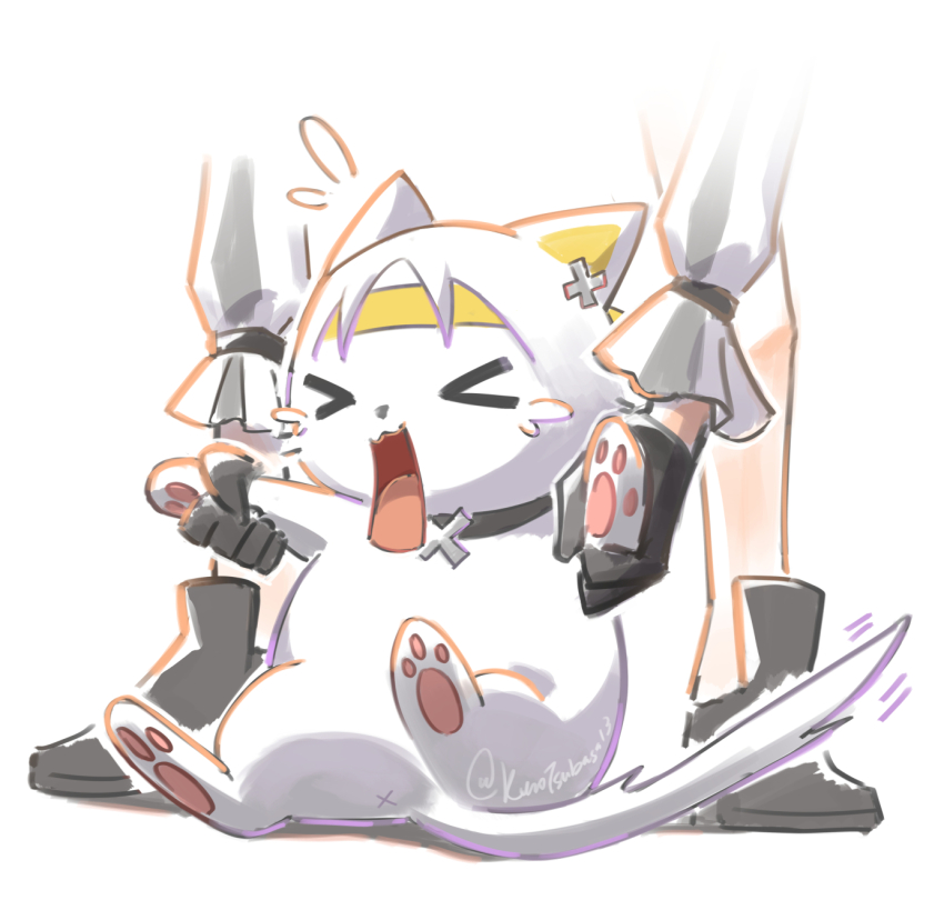 1boy 1girl animal animal_collar asaba_harumasa_(cat) black_footwear black_gloves cat closed_eyes collar crying gloves headband highres holding holding_animal holding_cat kuro_tsubasa long_sleeves simple_background solo_focus tsukishiro_yanagi white_background white_cat white_sleeves yellow_headband zenless_zone_zero