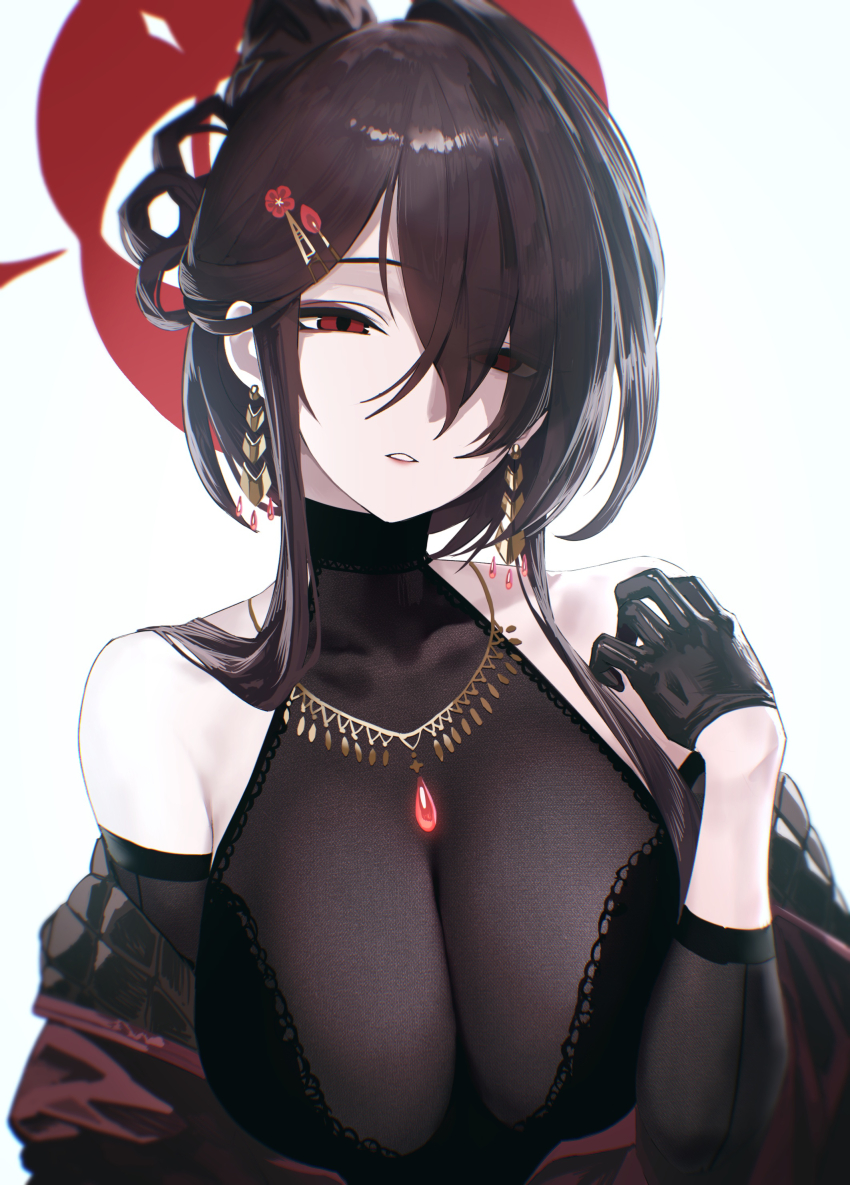 1girl absurdres bare_shoulders black_gloves black_hair blue_archive breasts cleavage commentary_request earrings gloves hair_over_one_eye halo highres jewelry kazane-wind kokuriko_(blue_archive) large_breasts looking_at_viewer necklace off_shoulder pale_skin red_eyes red_halo see-through_cleavage see-through_clothes simple_background solo turtleneck upper_body white_background