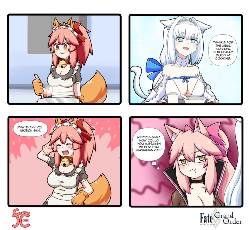 3girls 4koma :3 :t alternate_costume animal_ear_fluff animal_ears animal_hands apron bell black_bodysuit blue_ribbon bodysuit bow breasts cape capelet cat_ears cat_girl cat_paws center_opening cleavage closed_mouth collar collarbone comic cooking crop_top crop_top_overhang dobrynya_nikitich_(fate) dobrynya_nikitich_(first_ascension)_(fate) dobrynya_nikitich_(second_ascension)_(fate) english_text enmaided fang fate/grand_order fate_(series) fox_ears fox_girl fox_tail fur-trimmed_cape fur-trimmed_capelet fur-trimmed_headwear fur_trim glasses gloves highres jingle_bell keita_naruzawa koyanskaya_(assassin)_(first_ascension)_(fate) koyanskaya_(fate) large_breasts low_ponytail maid maid_apron maid_headdress multiple_girls neck_bell off_shoulder open_mouth paw_gloves paw_shoes pink_bow pink_hair pink_ribbon ponytail red_ribbon ribbon side_ponytail speech_bubble square_4koma tail tamamo_(fate) tamamo_cat_(fate) tamamo_cat_(second_ascension)_(fate) tears white-framed_eyewear white_cape white_capelet yellow_eyes