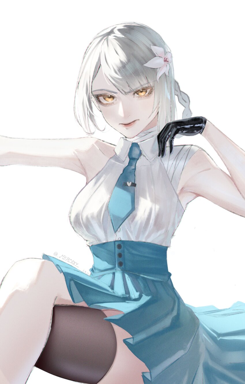 1girl absurdres alternate_costume asymmetrical_bangs bandaged_arm bandaged_neck bandages black_gloves blue_necktie blue_skirt blunt_bangs braid braided_hair_rings breasts commentary crossed_legs eyelashes flower gloves hair_flower hair_ornament hair_rings high-waist_skirt highres kaine_(nier) large_breasts looking_at_viewer mercaxy necktie nier nier_(series) parted_bangs simple_background sitting skirt smile solo v-shaped_eyebrows white_background white_flower yellow_eyes
