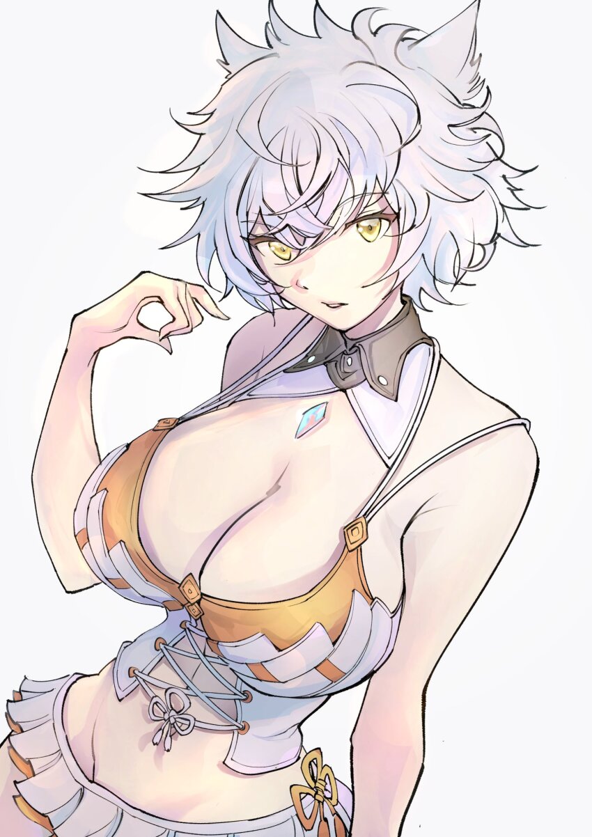 1girl alternate_costume animal_ear_fluff animal_ears arm_at_side bikini bikini_skirt blue_gemstone breasts cat_ears chest_jewel chinese_knot cleavage commentary_request cosplay crossed_bangs gem groin hair_between_eyes hand_up highres large_breasts looking_at_viewer messy_hair mio_(xenoblade) mio_(xenoblade)_(cosplay) multicolored_bikini na&#039;el_(xenoblade) parted_lips short_hair simple_background solo swimsuit tankini two-tone_bikini ug333333 upper_body white_background xenoblade_chronicles_(series) xenoblade_chronicles_3 xenoblade_chronicles_3:_future_redeemed yellow_eyes