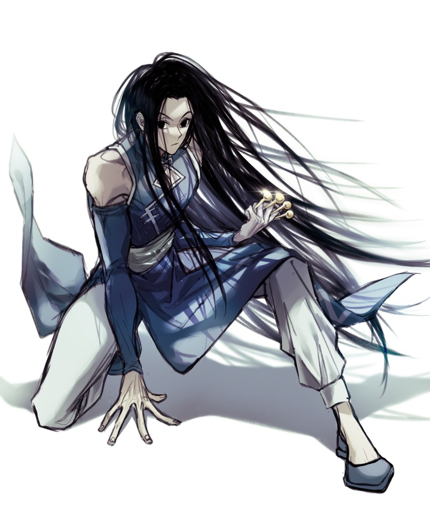 1boy bare_shoulders between_fingers black_eyes black_hair blue_dress blue_shoes blue_sleeves chinese_clothes chinese_commentary cleavage_cutout closed_mouth clothing_cutout commentary_request detached_sleeves dress empty_eyes expressionless fanxxxwan fighting_stance fingernails full_body gleam hand_on_ground highres holding holding_needle hunter_x_hunter illumi_zoldyck light_frown long_hair long_sleeves looking_at_viewer male_focus medium_dress needle on_one_knee pants pectoral_cleavage pectorals shadow shoes simple_background single_sidelock solo straight_hair very_long_hair white_background white_pants