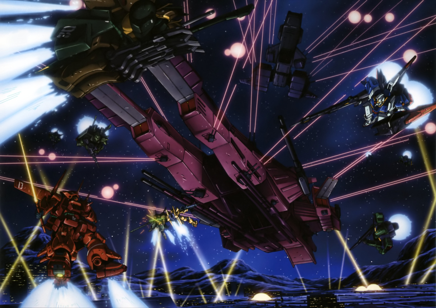 1980s_(style) alexandria battle battleship dogosse_giar energy_sword epic explosion gabthley gun gundam highres hizack hyaku_shiki laser magazine_scan marasai mecha military military_vehicle nemo_(mobile_suit) no_humans oldschool retro_artstyle robot scan science_fiction shield ship spacecraft spikes star_(sky) sword war warship watercraft weapon zeta_gundam zeta_gundam_(mobile_suit)