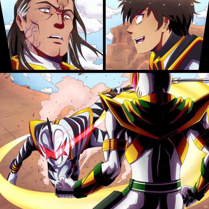 2boys arm_guards armor belt bodysuit epic fighting gloves gold_armor gold_trim helmet horns kiba_ranger lord_drakkon male_focus maskless mighty_morphin_power_rangers mighty_morphin_white_ranger multiple_boys power_rangers power_rangers_dino_thunder red_eyes shoulder_armor single_horn theartofgaf tommy_oliver trent_fernandez-mercer visor weapon white_bodysuit yellow_eyes