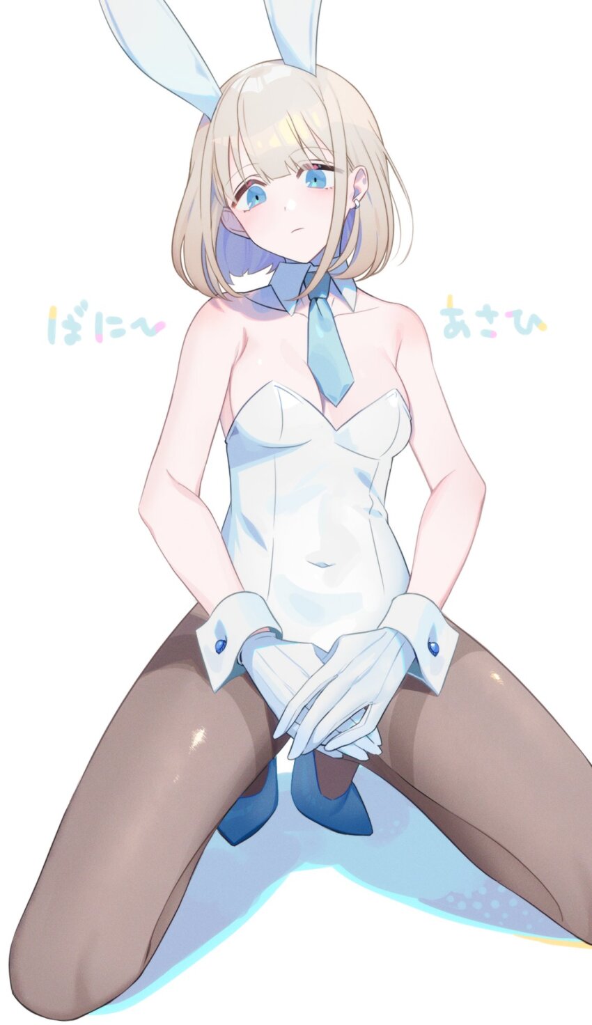 1girl bare_shoulders black_pantyhose blunt_bangs breasts collarbone covered_navel detached_sleeves earrings expressionless full_body gloves grey_hair highres idolmaster idolmaster_shiny_colors jewelry kneeling leotard looking_at_viewer necktie own_hands_together pantyhose playboy_bunny serizawa_asahi short_necktie simple_background small_breasts solo white_gloves white_leotard wrist_cuffs yuura