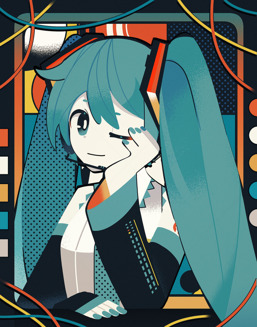 1girl aqua_eyes aqua_hair aqua_nails black_sleeves cable closed_mouth detached_sleeves halftone hand_up hashtag-only_commentary hatsune_miku head_rest headset highres light_smile long_hair long_sleeves looking_at_viewer machigami_yoh nail_polish one_eye_closed outside_border shirt solo twintails upper_body vocaloid white_shirt