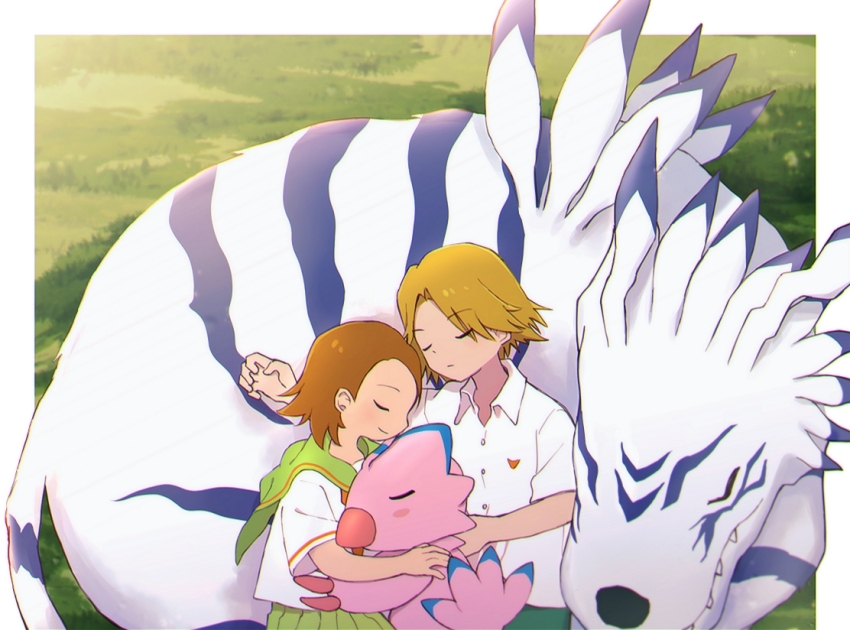 1boy 1girl akrud885 blonde_hair brown_hair collared_shirt couple digimon digimon_(creature) digimon_adventure_02 garurumon happy ishida_yamato piyomon shirt short_sleeves sleeping smile takenouchi_sora white_shirt