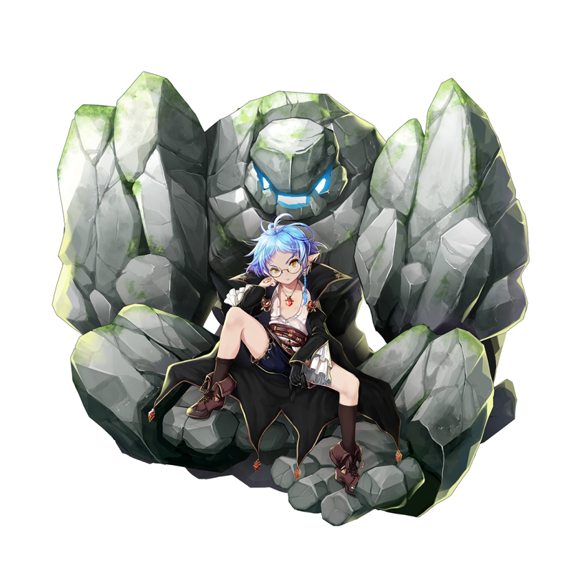 1girl asymmetrical_legwear black_gloves black_jacket black_socks blue_hair blue_shorts boots braid brown_boots brown_eyes collarbone collared_shirt dress_shirt female_focus glasses gloves glowing golem high_collar highres jacket kneehighs kneehighs_pull koflif looking_at_viewer magic_circle open_clothes open_jacket open_shirt original pointy_ears shadow_seven shirt short_shorts shorts simple_background single_glove sitting socks solo unbuttoned unbuttoned_shirt uneven_legwear unworn_gloves v-shaped_eyebrows white_background white_shirt