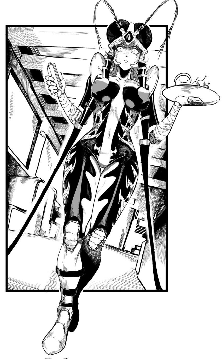 1girl antennae arthropod_girl breasts commentary compound_eyes covered_erect_nipples english_commentary extra_eyes full_body greyscale highres holding holding_plate insect_wings knee_pads large_breasts monochrome monster_girl mosquito_girl mosquito_musume navel nnsee_d one-punch_man plate solo wings