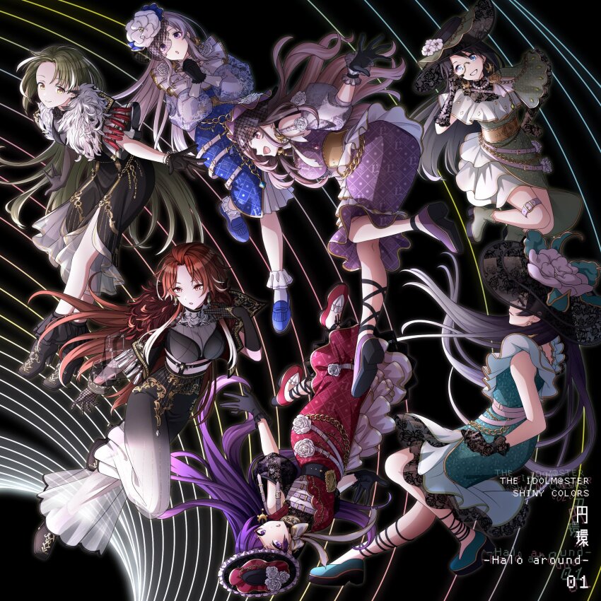 aketa_mikoto belt black_gloves black_hair bracelet earrings feathers glasses gloves high_heels highres idolmaster idolmaster_shiny_colors jewelry jumping long_hair mitsumine_yuika multicolored_hair multiple_girls nanakusa_nichika necklace official_art shirase_sakuya tanaka_mamimi tsukioka_kogane yukoku_kiriko
