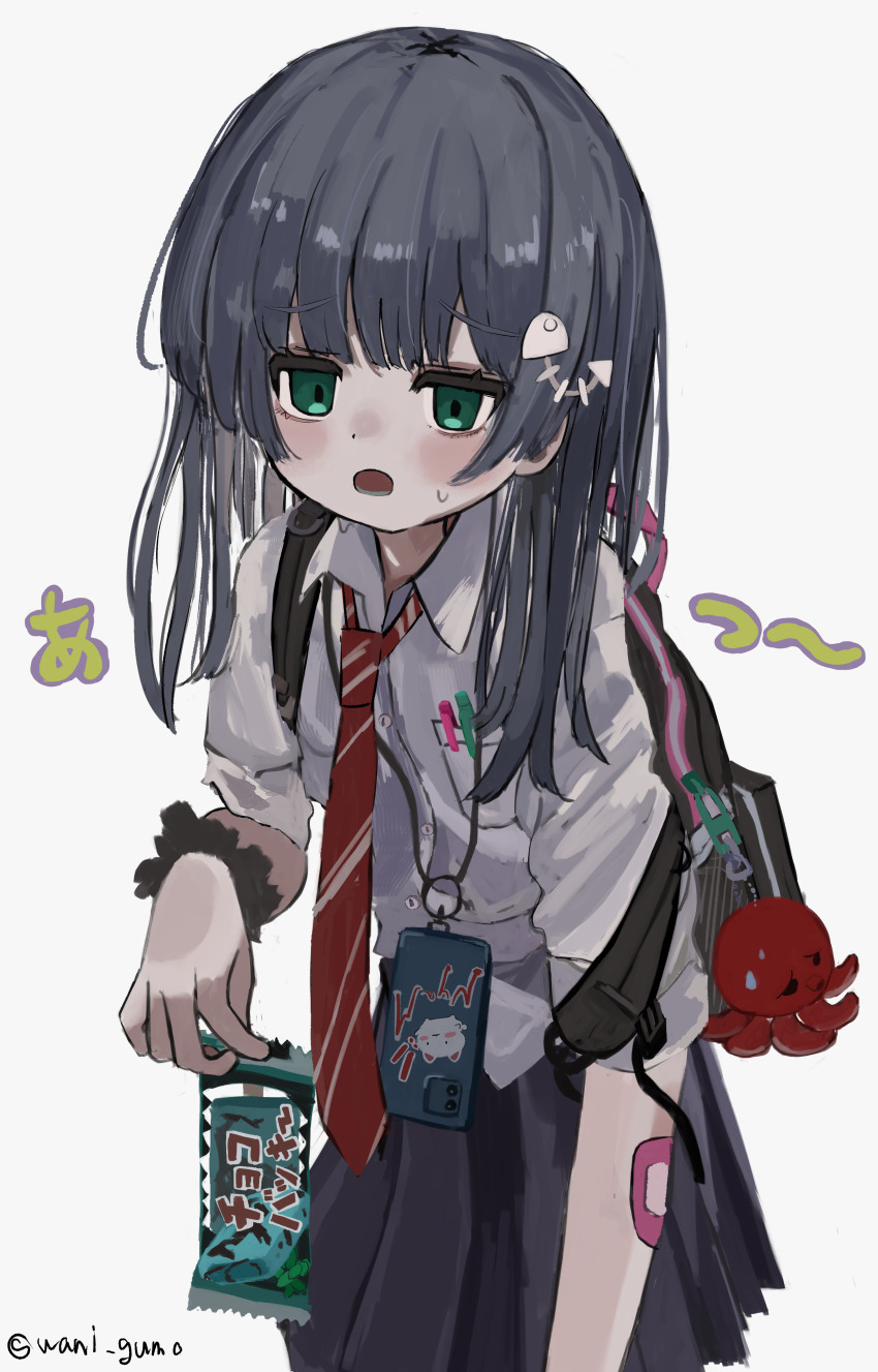 1girl :o absurdres backpack bag bag_charm black_hair black_skirt breast_pocket candy cellphone charm_(object) collared_shirt cowboy_shot dot_nose fish_skeleton_hair_ornament food green_eyes highres holding holding_candy holding_food ice_cream ice_cream_bar jitome lanyard leaning_forward long_hair long_sleeves looking_at_viewer lower_teeth_only necktie open_mouth original phone pleated_skirt pocket red_necktie school_uniform scrunchie shirt sidelocks simple_background skirt sleeves_rolled_up smartphone solo straight_hair strap_slip striped_necktie sweat teeth wanigumo white_background white_shirt wrist_scrunchie