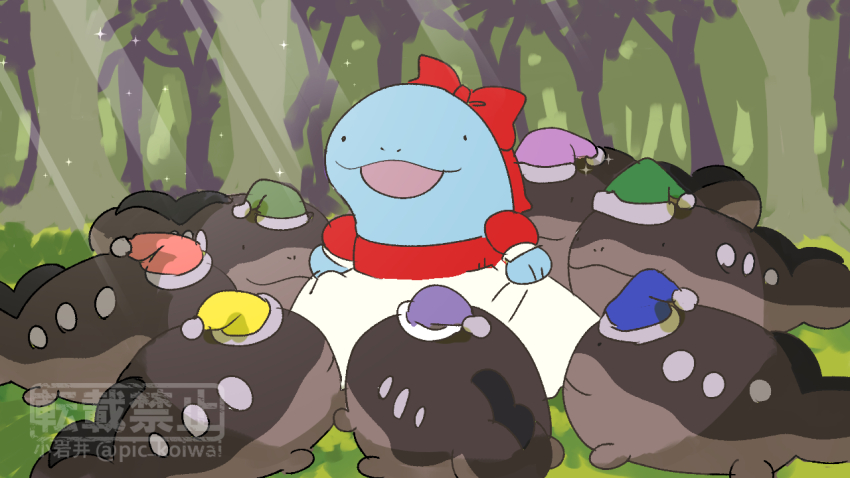 blue_hat bow commentary_request cosplay dress forest game_freak gen_2_pokemon green_hat hat light_rays long_dress nature nintendo no_humans parody pic_koiwai pink_hat pokemon pokemon_(creature) purple_hat quagsire red_bow red_hat skirt_hold snow_white_(disney) snow_white_(disney)_(cosplay) snow_white_and_the_seven_dwarfs sunlight tree twitter_username yellow_hat