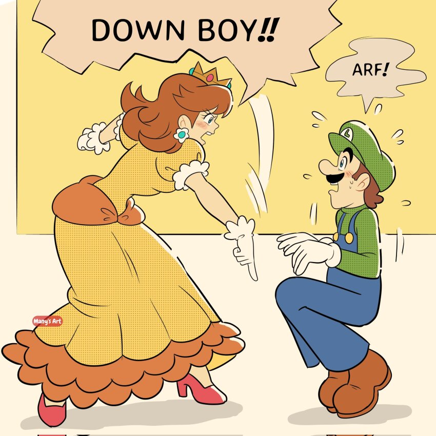 ! !! 1boy 1girl angry archie_(comic) artist_name barking blue_overalls brooch brown_hair crown down_boy!!_(meme) dress earrings eye_contact facial_hair flower_brooch flower_earrings full_body furious gloves green_hat green_shirt hat high_heels highres jewelry long_sleeves looking_at_another luigi manysart1 mario_(series) mustache nintendo open_mouth orange_dress overalls pointing pointing_down princess princess_daisy puffy_short_sleeves puffy_sleeves scared screaming shirt shoes short_hair short_sleeves shouting simple_background speech_bubble squatting sweat white_gloves
