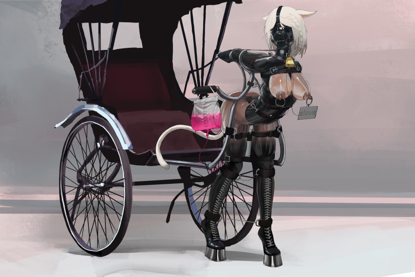 1girl absurdres animal_ears armbinder bdsm bell bit_gag blonde_hair bondage bound bound_arms carriage collar elegia final_fantasy final_fantasy_xiv full_body gag gag_harness gimp_mask harness highres hoof_shoes mask miqo&#039;te neck_bell nipple_piercing original piercing pony_play short_hair slave solo tail