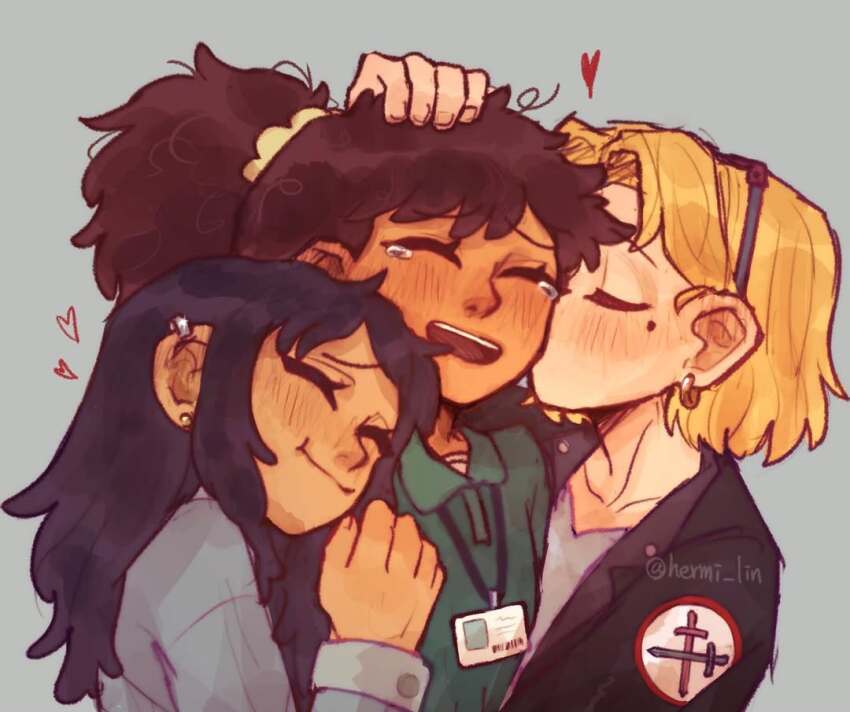 3girls amphibia anne_boonchuy black_hair blonde_hair blush closed_eyes closed_mouth collared_shirt dark-skinned_female dark_skin denim denim_jacket ear_piercing earrings eyewear_on_head girl_sandwich grey_background group_hug hair_ornament hair_scrunchie hand_on_another&#039;s_head happy heart hermi hug id_card jacket jewelry kiss kissing_cheek lanyard leather leather_jacket long_hair long_sleeves marcy_wu mole mole_under_eye multiple_girls open_mouth piercing ponytail sandwiched sasha_waybright scrunchie shirt short_hair signature smile tearing_up teeth upper_body upper_teeth_only yuri
