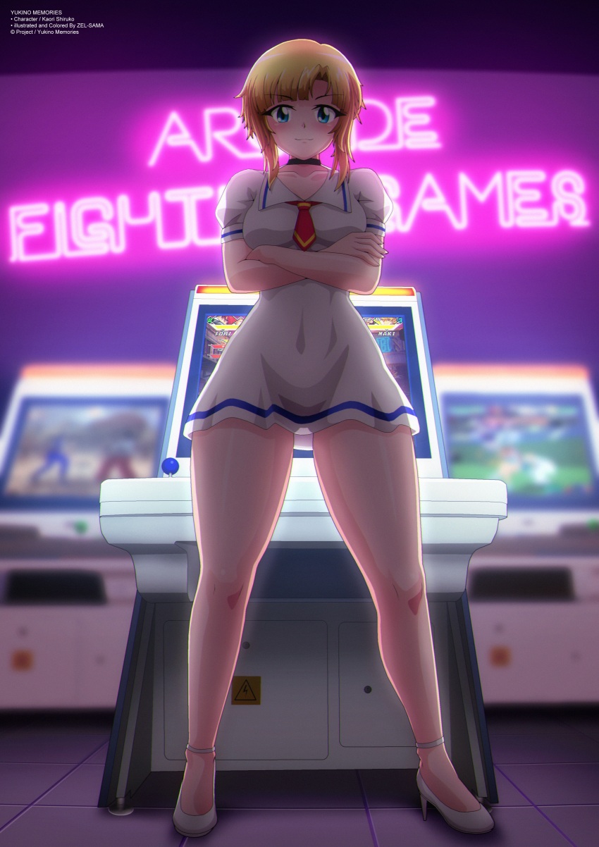 1girl absurdres arcade arcade_cabinet blonde_hair blue_eyes blush breasts choker collarbone crossed_arms high_heels highres kagura_maki kaori_shiruko looking_at_viewer medium_breasts neckerchief neon_lights neon_sign puffy_sleeves red_neckerchief shirt shoes short_hair short_sleeves smile snk standing the_king_of_fighters white_footwear white_shirt yagami_iori yukino_memories zel-sama