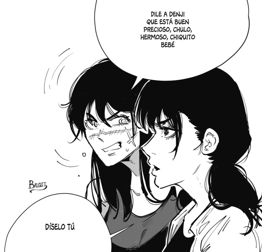 2girls chainsaw_man commentary_request facial_scar greyscale highres jojo_no_kimyou_na_bouken long_hair low_twintails mitaka_asa monochrome multiple_girls scar scar_on_cheek scar_on_face scar_on_nose shirt spanish_text speech_bubble steel_ball_run sweat tank_top translation_request twintails victorbalgitt yoru_(chainsaw_man)
