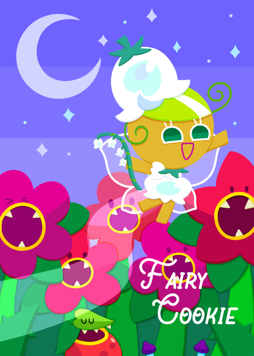 1girl :d barefoot character_name cookie_run cookie_run:_ovenbreak crescent_moon dress fairy fairy_cookie fairy_cookie_(lily_of_the_valley) fairy_wings flower flower_hat flying green_eyes green_hair hat highres holding holding_flower lily_of_the_valley moon multicolored_hair night night_sky official_alternate_costume open_mouth plant purple_sky ririko_(nagareboshi) short_hair sky smile solo star_(sky) starry_sky streaked_hair two-tone_hair white_dress white_flower white_hair wings