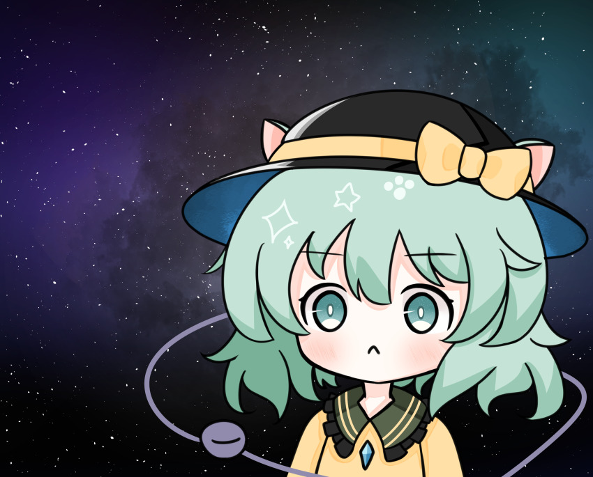 1girl :&lt; animal_ears black_hat blouse blush buttons cat_ears chibi closed_mouth collared_shirt commentary diamond_button english_commentary eyeball frilled_shirt_collar frills frown green_eyes hair_between_eyes hat hat_ribbon highres komeiji_koishi light_green_hair long_sleeves medium_hair meme paw_print ribbon shirt solo space space_cat_(meme) star_(symbol) star_print star_symbol_background third_eye touhou upper_body v-shaped_eyebrows waroemon wavy_hair wide_sleeves yellow_ribbon yellow_shirt