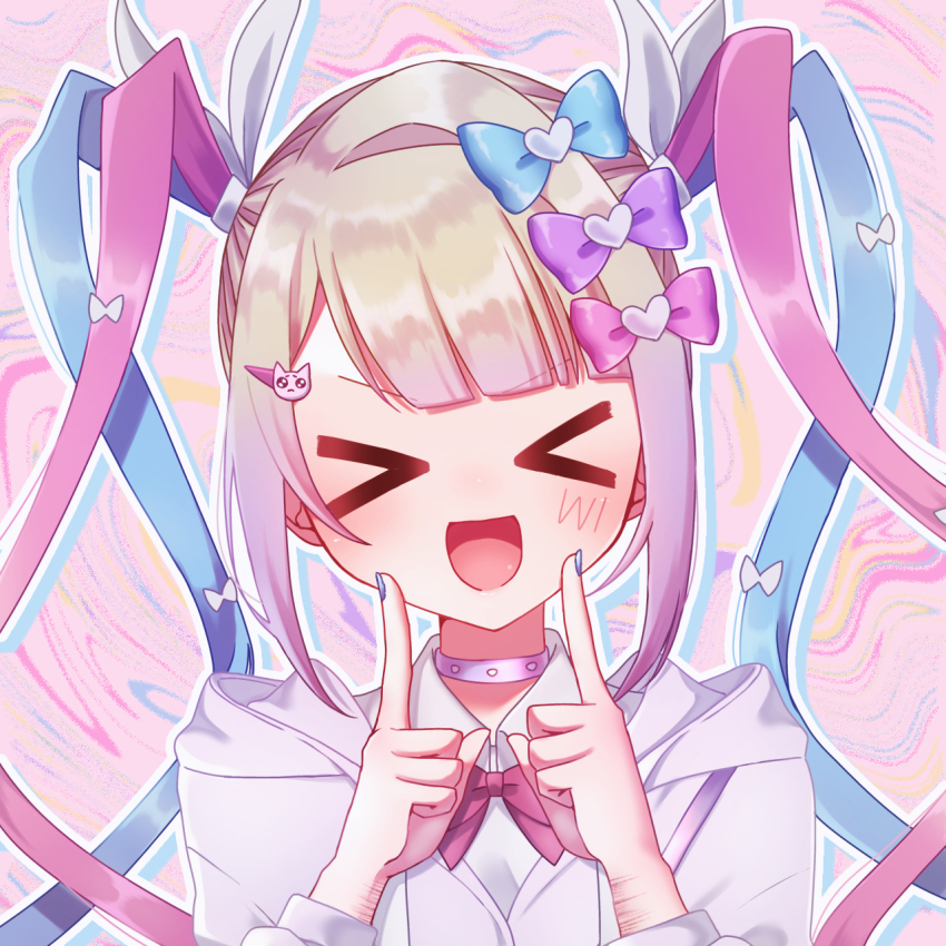 &gt;_&lt; 1girl :d blonde_hair blue_bow blue_hair bow chouzetsusaikawa_tenshi-chan chouzetsusaikawa_tenshi-chan_(needy_girl_overdose_exhibition) closed_eyes collared_shirt commentary_request facing_viewer fingers_to_cheeks floral_ice hair_bow hair_ornament hands_up heart heart_hair_ornament highres hood hoodie index_fingers_raised long_hair long_sleeves multicolored_hair multiple_hair_bows needy_girl_overdose official_alternate_costume open_mouth pien_cat_(needy_girl_overdose) pink_bow pink_hair pink_hoodie purple_bow quad_tails self-harm_scar shirt smile solo upper_body white_shirt xd