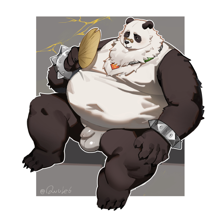 1boy absurdres animal_ears artist_name bara barefoot belly black_fur bracelet claws closed_mouth commentary_request covered_navel fat flaccid foreskin furry furry_male hand_fan highres holding holding_fan jewelry looking_down male_focus multicolored_fur no_pants owule6 pan_yinhu panda_boy panda_ears penis plump round_eyewear sitting spiked_bracelet spikes tank_top testicles twitter_username white_fur white_tank_top zenless_zone_zero
