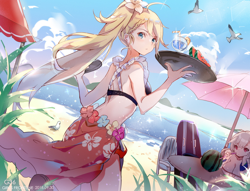 2girls ahoge alternate_costume alternate_hairstyle back bare_shoulders beach bikini bird blonde_hair blue_eyes blue_sky blush bodyboard braid breast_rest breasts chair character_name cleavage closed_mouth cloud collarbone cup dated day drinking_straw floating_hair flower food french_braid frills fruit g36_(50_days_with_g36)_(girls&#039;_frontline) g36_(girls&#039;_frontline) girls&#039;_frontline gradient_hair hair_between_eyes hair_flower hair_ornament head_rest holding holding_tray large_breasts lemon lemon_slice long_hair looking_at_viewer maid maid_bikini medium_breasts multicolored_hair multiple_girls ocean official_alternate_costume outdoors ponytail red_eyes rero_(bigdoorbig2) sand sarong seagull sidelocks silver_hair sky sparkle spas-12_(girls&#039;_frontline) spas-12_(midsummer_fruit)_(girls&#039;_frontline) swimsuit table thighs tray tropical_drink twintails umbrella unconventional_maid very_long_hair water watermelon