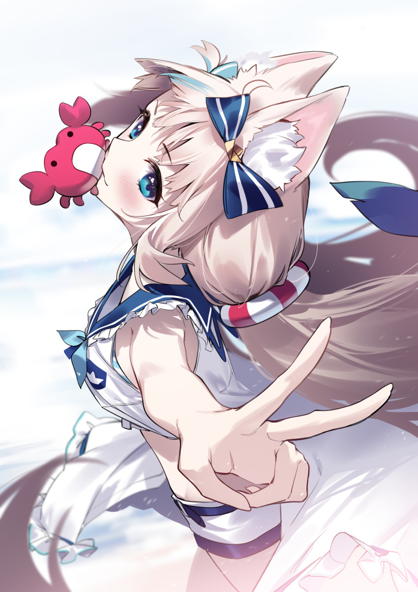 1girl absurdres animal_ear_fluff animal_ears beach blonde_hair blue_bow blue_eyes blue_hair blue_sailor_collar bow cat_ears commentary day dress fins fish_girl fish_tail frilled_shirt_collar frills hair_bow highres indie_virtual_youtuber long_hair looking_at_viewer low_twintails mouth_hold multicolored_hair outdoors outstretched_arm sailor_collar sameko_saba short_shorts shorts sleeveless sleeveless_dress solo streaked_hair tail twintails v very_long_hair virtual_youtuber white_dress white_shorts yaguo
