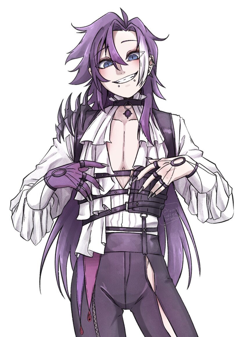 1boy androgynous banzoin_hakka black_choker black_pants blue_eyes choker collarbone colored_extremities colored_skin commentary cosplay costume_switch earrings english_commentary eyeshadow frilled_shirt frills gavis_bettel gavis_bettel_(2nd_costume) gavis_bettel_(cosplay) grin hair_between_eyes hair_down hands_up highres holostars holostars_english jewelry long_hair looking_at_viewer makeup male_focus multicolored_hair multicolored_skin multiple_rings pale_skin pants pectoral_cleavage pectorals purple_hair rainycoffeebean ring shirt slit_pupils smile solo standing streaked_hair very_long_hair virtual_youtuber white_background white_hair