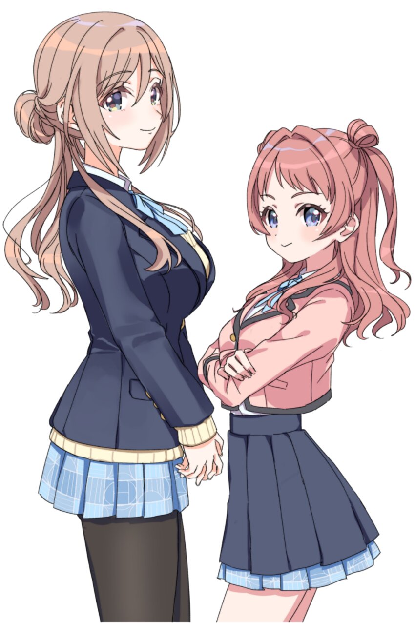 2girls absurdres black_pantyhose blazer blue_jacket blue_overskirt blue_ribbon blue_skirt blush breasts brown_hair brown_jacket commentary_request crossed_arms gakuen_idolmaster hanami_saki highres himesaki_rinami idolmaster jacket kanipoposu large_breasts long_hair looking_at_viewer multiple_girls neck_ribbon pantyhose pleated_skirt ribbon shirt simple_background skirt smile sweater very_long_hair white_background white_shirt yellow_sweater