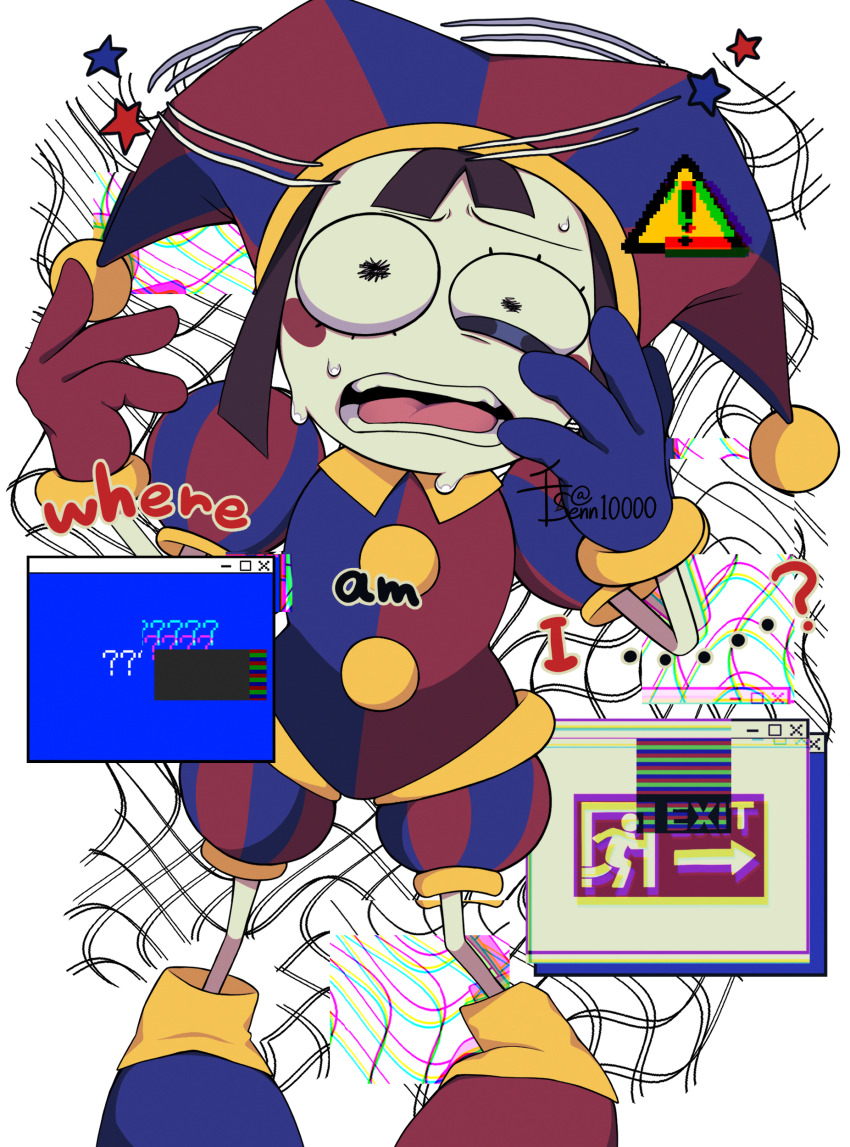 1girl absurdres asymmetrical_gloves blue_gloves brown_hair colored_skin gloves hat highres jester_cap mismatched_gloves open_mouth pomni_(the_amazing_digital_circus) red_gloves senn10000 short_hair solo squiggle_eyes teeth the_amazing_digital_circus tongue white_skin