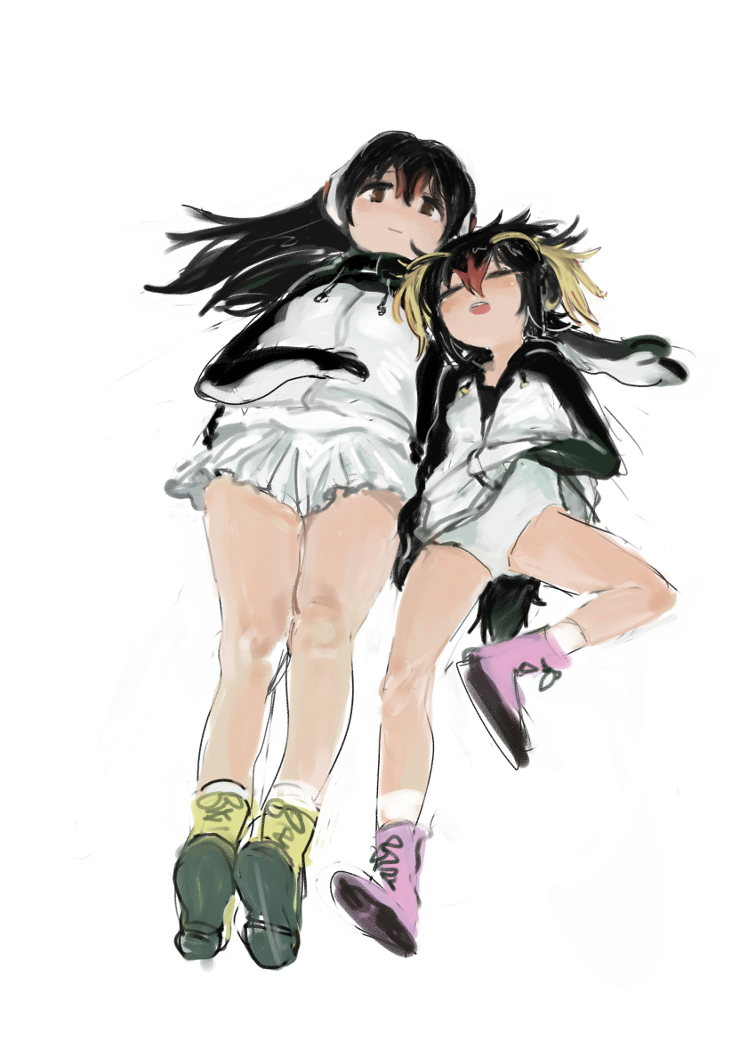 2girls absurdres black_hair black_sweater blonde_hair blush boots closed_eyes drawstring dress gentoo_penguin_(kemono_friends) headphones height_difference high_collar highres hood hood_down kemono_friends long_hair lying mittens multicolored_hair multiple_girls on_back one-piece_swimsuit open_mouth orange_eyes orange_hair penguin_girl penguin_tail pero_(sabuaka_bacon) pink_boots pleated_skirt red_hair rockhopper_penguin_(kemono_friends) short_hair short_twintails skirt socks sweater sweater_dress swimsuit tail twintails two-tone_sweater white_one-piece_swimsuit white_skirt white_socks white_sweater yellow_boots